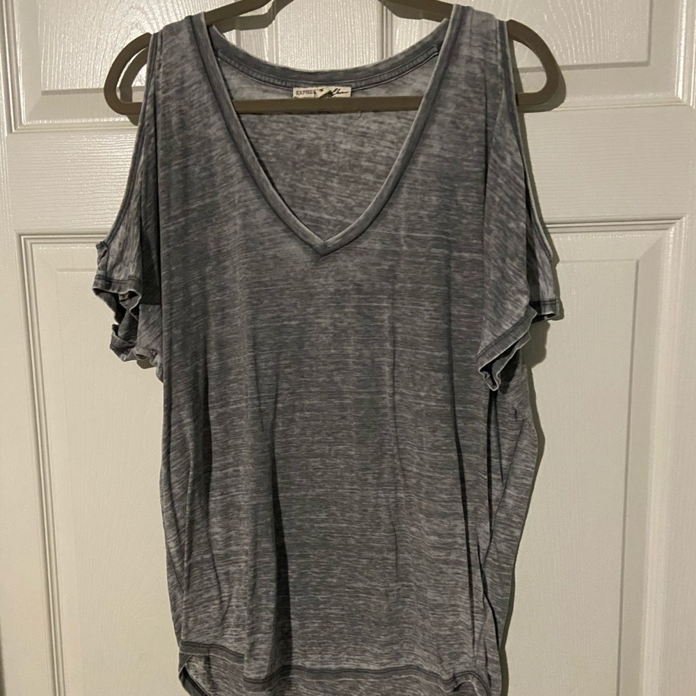 Express One Eleven Shoulder-less Grey Burnout Top